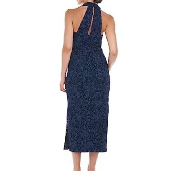 JS Collection Sz 8 Scarlet Wrap Tea Length Dress Navy Embroidered Mesh Soutache - Picture 3 of 15
